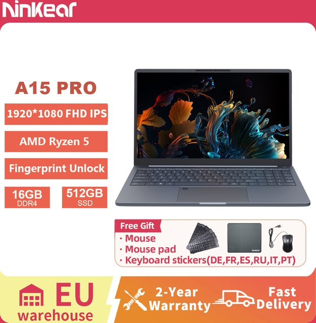 Ninkear A15 Pro Laptop mit 15.6 Zoll FHD IPS Display, AMD Prozessor, 16GB RAM, 512GB SSD, Windows 11 Pro und Fingerabdruck-Sensor, Grau - Bild 1
