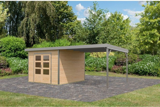 Karibu Gartenhaus Domingo A mit Anbaudach in Naturbelassen/Grau, B/T/H: 218,5 x 270 x 270 cm - Bild 1