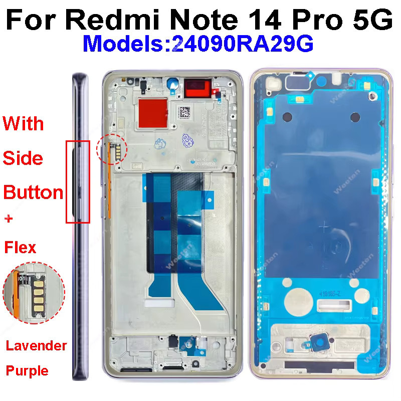 Xiaomi Redmi Note 14 14 Pro Plus 4G 5G Ersatz Frontrahmen mit Lautstärketaste in Blau - Bild 3