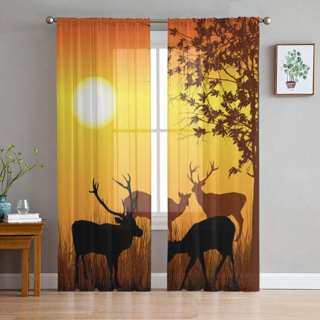 Super Six Transparente Gardine Wildhirsch im Wald aus Chiffon und Viskose, Farbe Gelb, B: 135 cm, H: 114 cm - Bild 1