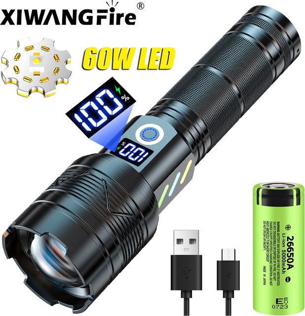 XIWANGFIRE Hochleistungs-LED-Taschenlampe mit Teleskop-Zoom, USB-Aufladung und 26650-Lithium-Batterie, Schwarz - Bild 1