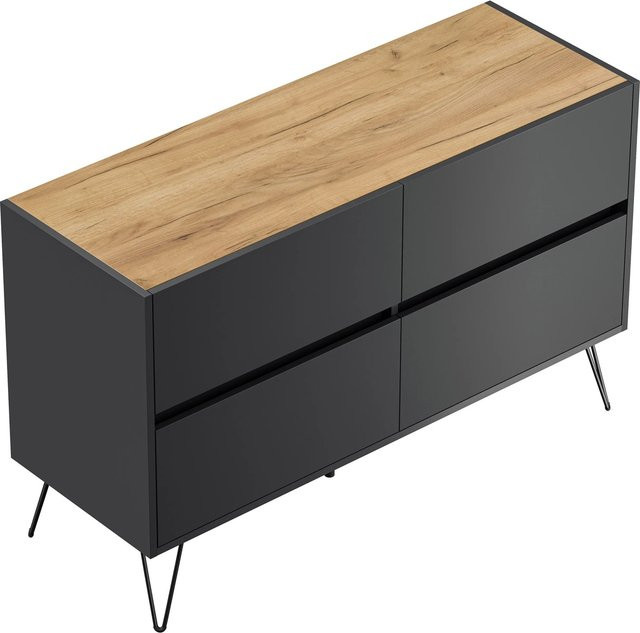 Posseik Sideboard Industrial mit 4 Schubladen in Grafit und Eiche, Breite: 120 cm, Höhe: 75,8 cm, Tiefe: 42 cm - Bild 1