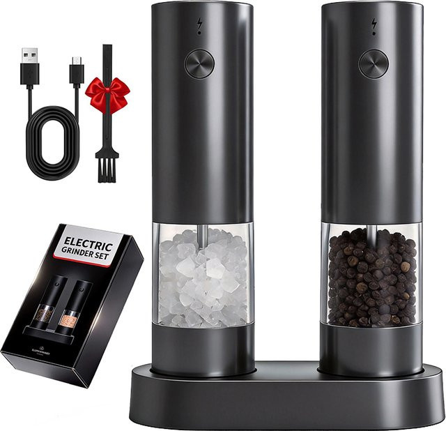 Elektrisches Salz- und Pfeffermühlen-Set von FLYMUYU in Schwarz, USB-aufladbar mit einstellbarem Mahlgrad und Aufbewahrungsbasis - Bild 1