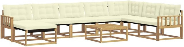 vidaXL Outdoor-Sofagarnitur 9-teilig in U-Form aus Massivholz Akazie mit Textilene-Bezug und Polstern in Weiß und Beige - Bild 1