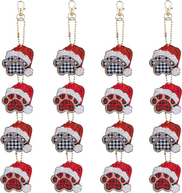 16er Set DIY Diamantmalerei Schlüsselanhänger mit Weihnachtsbaum und Pfoten-Motiven in Multicolour - Bild 1
