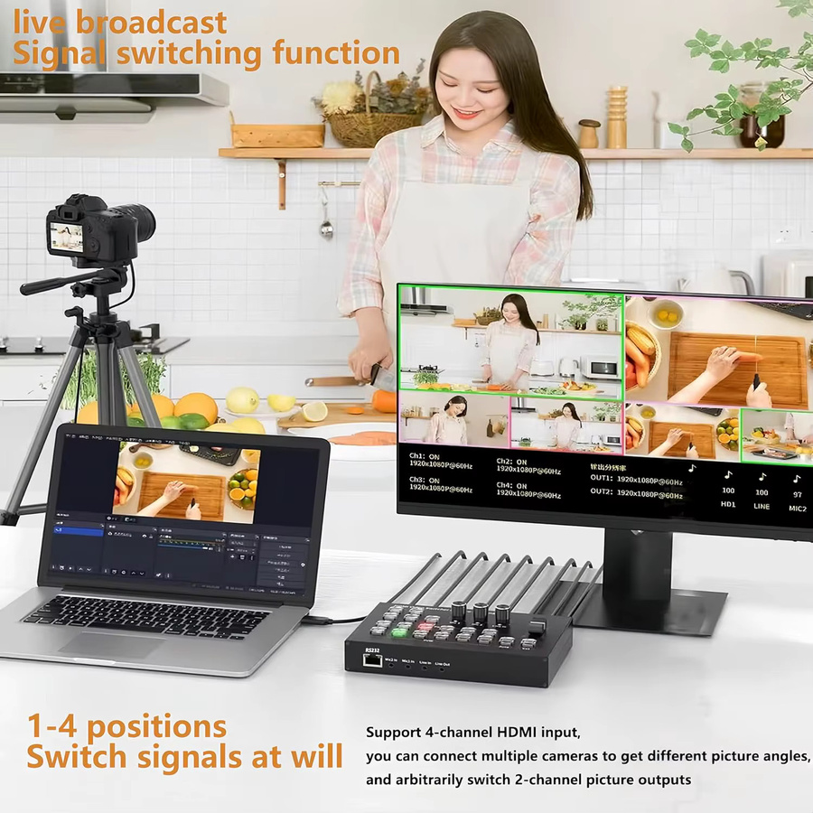 Konsenda 4-Kanal HDMI Video Mixer Switcher 4x2 1080P für Broadcast, Live Streaming und OBS Aufnahme, Schwarz - Bild 2