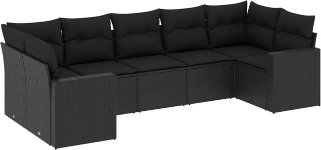 vidaXL 7-tlg Garten-Sofagarnitur aus Poly-Rattan mit Kissen, Schwarz - Bild 1