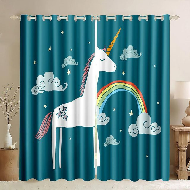 A Family Of Home Textiles Verdunkelungsvorhang mit Einhorn-Motiv und Regenbogen, 2er-Set, Blau/Mehrfarbig, Breite: 50 cm, Höhe: 130 cm - Bild 1