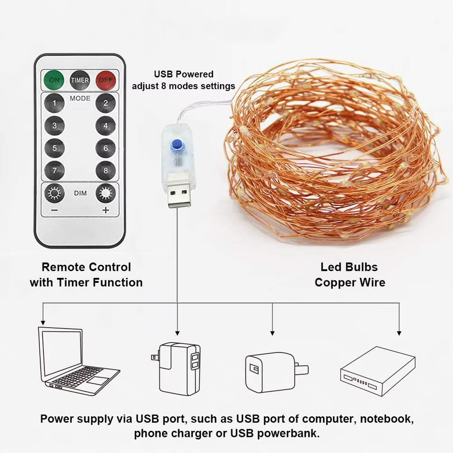 WAAJEA Kupferdraht-Lichterkette mit Fernbedienung, USB-betrieben, Warmweiß, für Hochzeit und Party-Dekoration - Bild 2