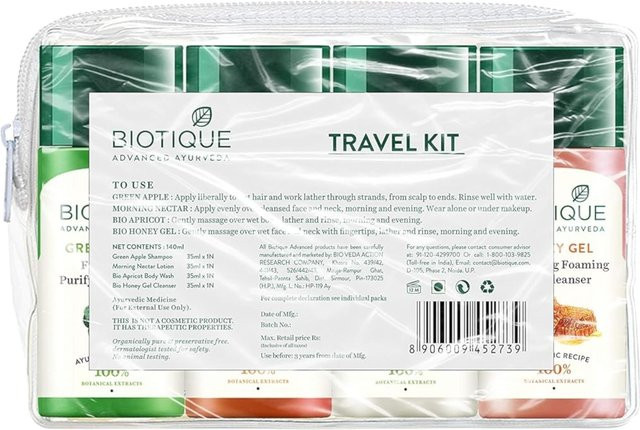 Biotique Reiseset mit Grüner Apfel Shampoo, Morning Nectar Lotion, Aprikosen Duschgel und Honig Gel Gesichtsreiniger, je 35 ml - Bild 1
