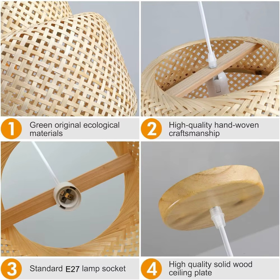 JOYINLED Bambus-Pendelleuchte aus Rattan in Beige, runde Hängelampe im Bauernhaus-Stil für Wohnzimmer, Esszimmer und Schlafzimmer - Bild 6