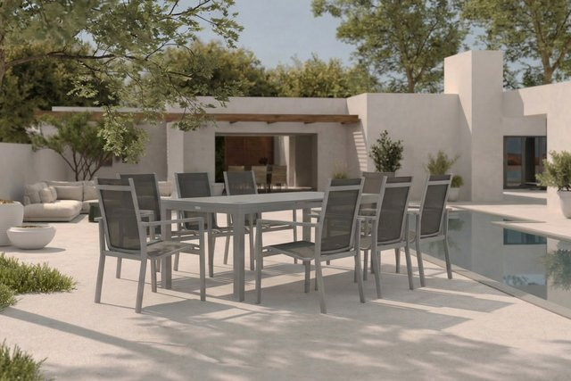 OUTFLEXX Premium Garten-Essgruppe aus Aluminium und Textilene in Silber/Grau mit Ausziehtisch und 8 Stapelsesseln - Bild 1