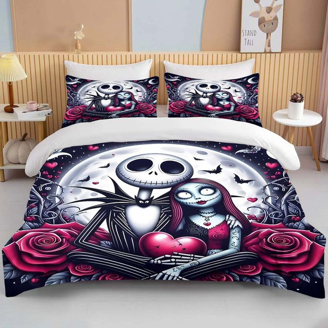 LjqNine Nightmare Before Christmas 3D Bettwäsche-Set mit 1 Bettbezug und 2 Kissenbezügen, Mehrfarbig, B/H: 200 x 200 cm - Bild 1