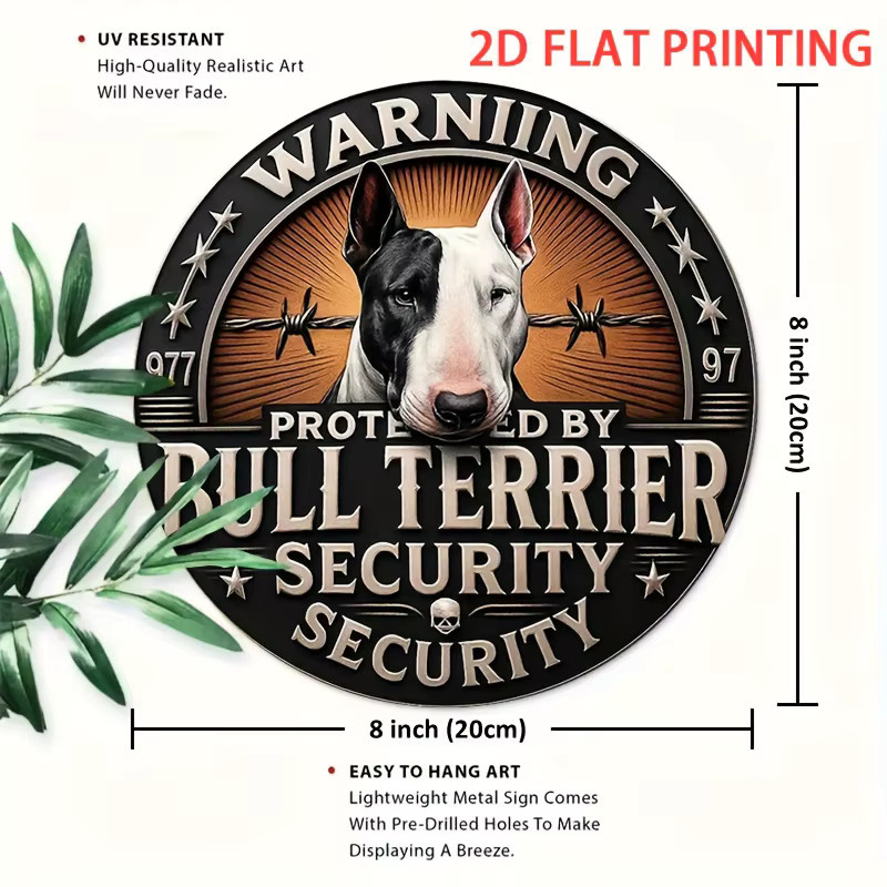 Bullterrier Warnschild Wanddekoration im Vintage-Stil von Potdemiel, rundes Metallschild mit Bullterrier-Porträt und Drahtgeflecht-Hintergrund, mehrfarbig, Durchmesser: 20 cm - Bild 3