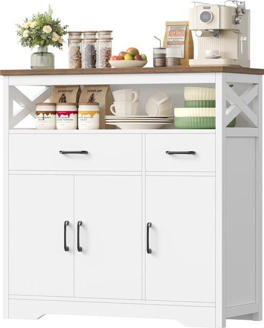 Getone Sideboard in Weiß mit 2 Schubladen und 3 Türen, moderner Küchenschrank und Buffetschrank mit Arbeitsplatte aus Holzoptik - Bild 1