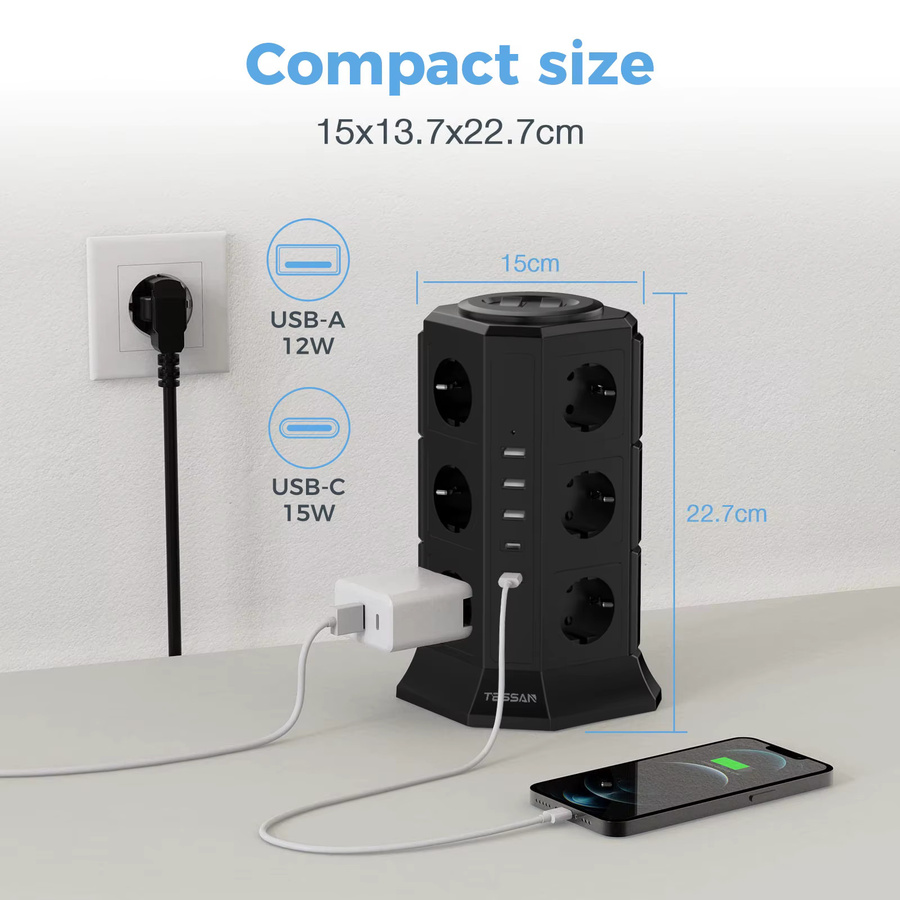 TESSAN Tower-Steckdosenleiste in Schwarz mit Mehrfachsteckdosen, 3 USB-Anschlüssen, 2 Typ-C-Anschlüssen und 2m Verlängerungskabel mit Überspannungsschutz - Bild 6