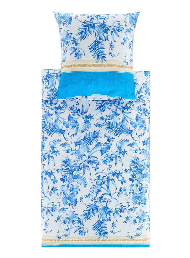 Bassetti Mako-Satin Bettwäsche IBISCUS TATTOO in Blau mit floralem Design, bestehend aus Bettbezug und Kissenbezug - Bild 1