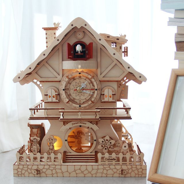 Cuberie 3D-Holzpuzzle Kuckucksuhr mit Spieluhr als DIY-Modellbausatz für Erwachsene in Champagner-Beige - Bild 1