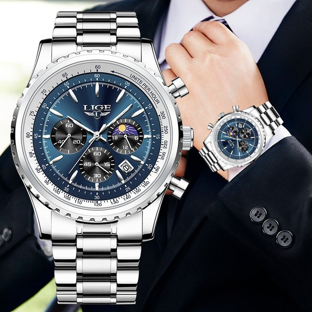 Lige Armbanduhr Quarz, Edelstahl, Mondphase, Datum, Blau, Herren - Bild 1