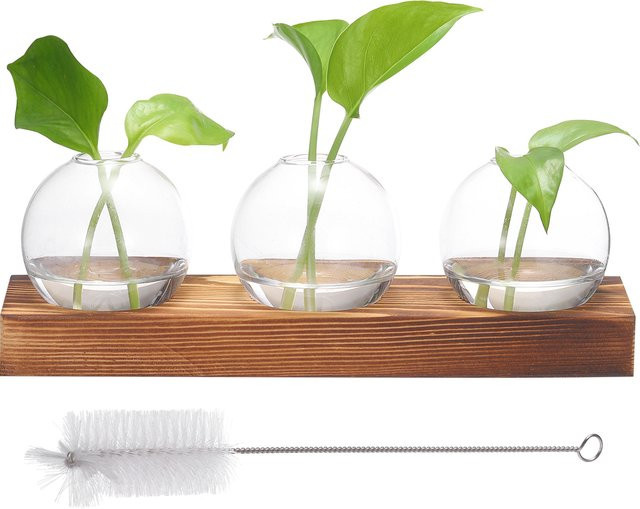 UXCELL Glasvasen mit Holztablett, Set aus 3 transparenten Blumenvasen für die Pflanzenvermehrung und Tischdekoration - Bild 1