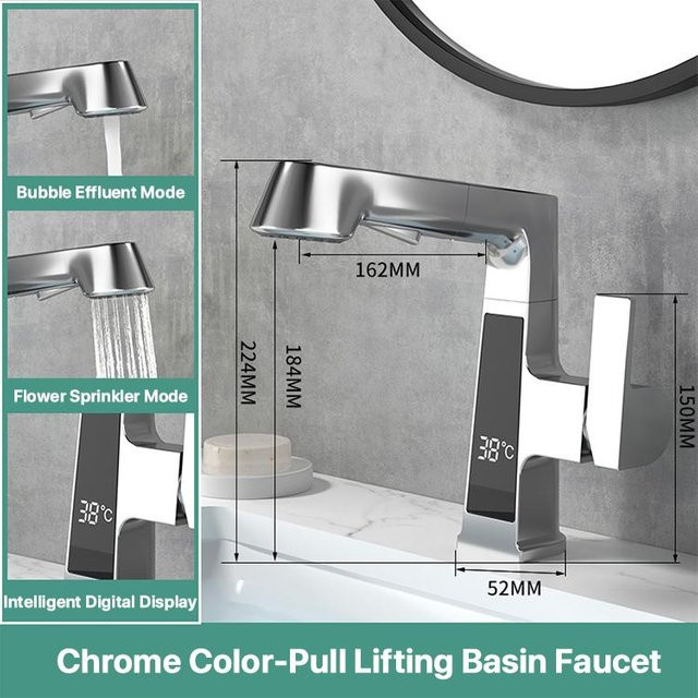 Yiran Furniture Küchenarmatur mit Digitalanzeige und ausziehbarem Brausekopf aus Messing in Silber Chrome mit Kalt- und Warmwasser-Dualcontrol und schwenkbarem Auslauf - Bild 1