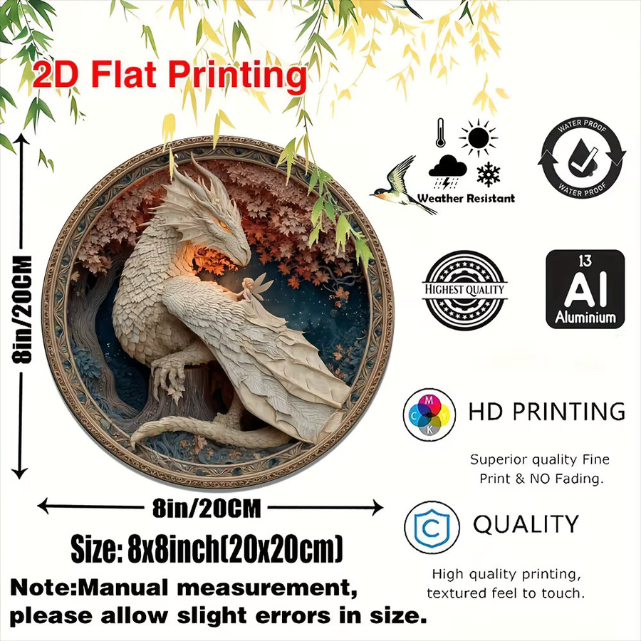 HELLOYOUNG Metall-Wanddekoration Walddrache, rundes Aluminium-Schild in Weiß, Durchmesser: 20,32 cm - Bild 2