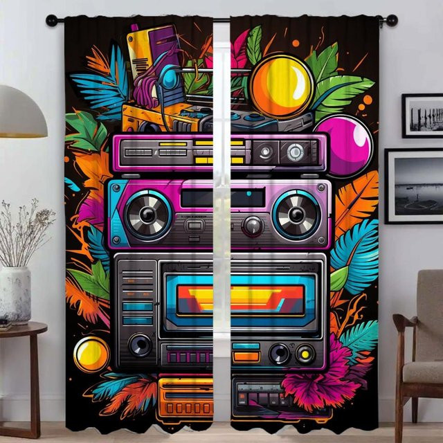 Vintage Radio Design Vorhänge im 80er Jahre Stil, halbtransparente Tüll-Fensterdekoration für Wohnzimmer und Schlafzimmer, 2er-Set, Mehrfarbig, B: 50 cm, H: 70 cm - Bild 1