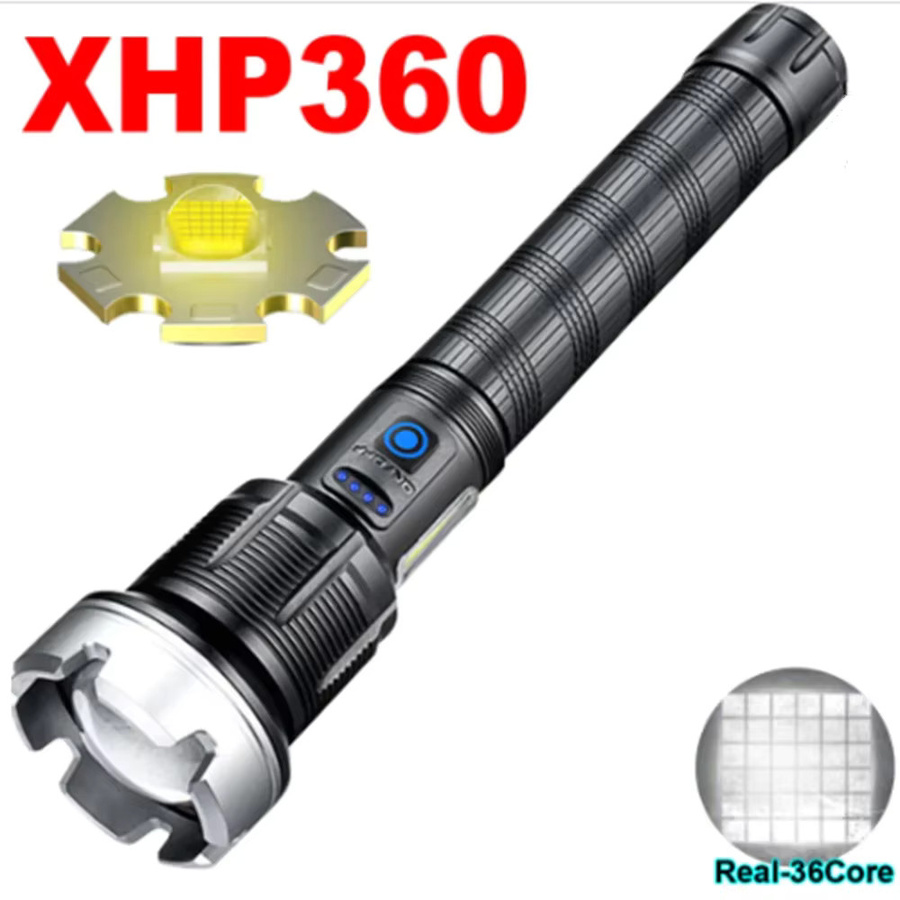 ASORT LED-Taschenlampe mit XHP360+COB, leistungsstarke Zoom-Laterne aus Aluminium mit USB-Aufladung, Schwarz - Bild 1