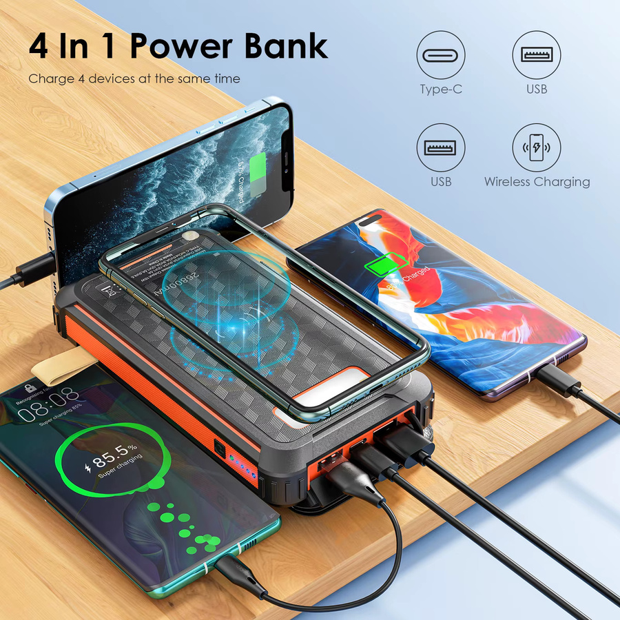 Solar-Powerbank 26800 mAh mit 4 Solarpanels und PD 22,5 W, kabelloses Solar-Ladegerät mit 3 Ausgängen, wasserdichter externer Akku für den Außenbereich in Schwarz oder Weiß - Bild 4