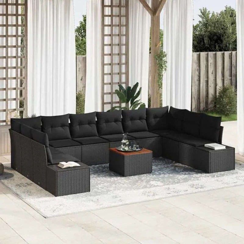 Vidaxl Gartenmöbel-Set aus Polyrattan und Akazienholz, 11-teiliges modernes Garten-Sofa-Set in Schwarz - Bild 1