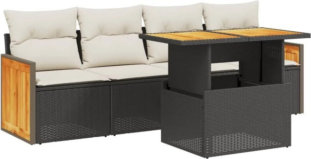 vidaXL 5-teilige Garten-Sofagarnitur aus Poly-Rattan und Akazienholz in Schwarz mit Kissen - Bild 1
