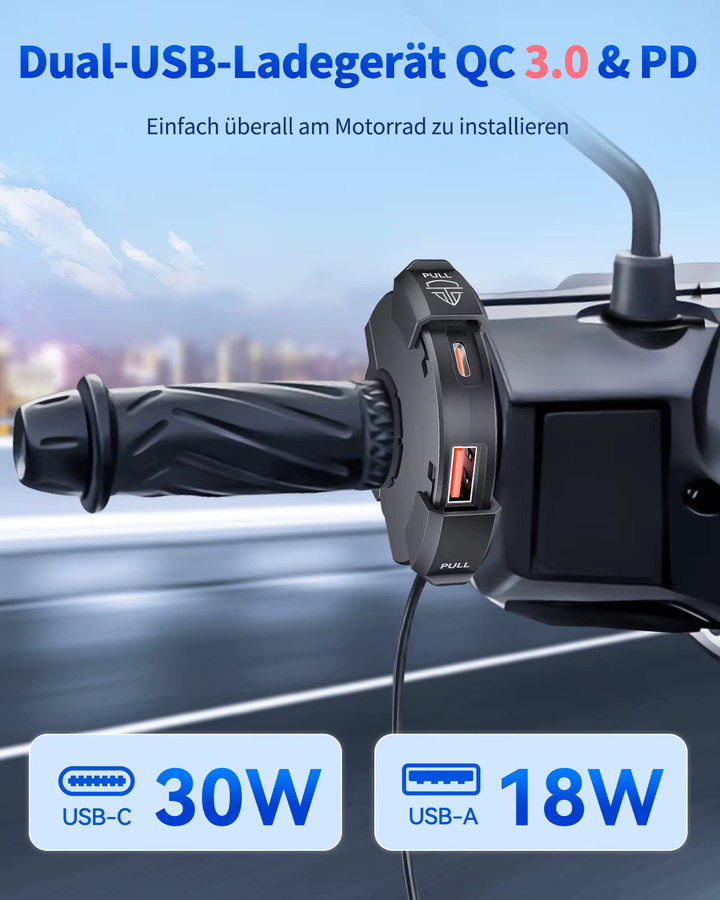 Extractme QC3.0 Motorrad USB-Schnellladegerät mit 30W Typ-C Anschluss, Wasserdichte Steckdose in Schwarz - Bild 2