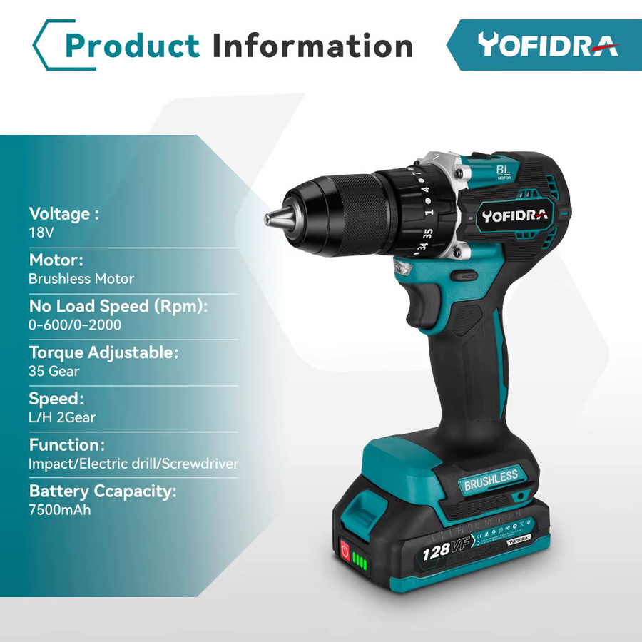 YOFIDRA Bürstenloser elektrischer Akku-Schlagbohrschrauber Set in Petrol mit 35+3 Drehmoment und 13 mm Aufnahme, kompatibel mit Makita LXT Akkus - Bild 5