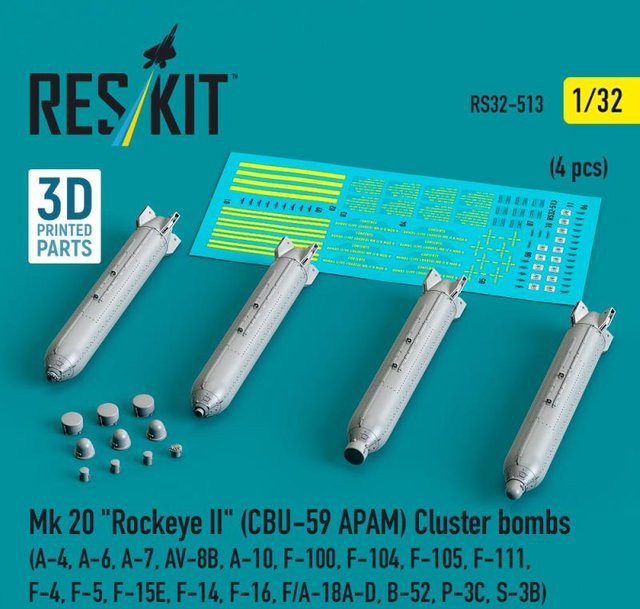 ResKit Models Mk 20 Rockeye II (CBU-59 APAM) Cluster bombs, 4-teiliges Set, 3D Printed - Bild 1