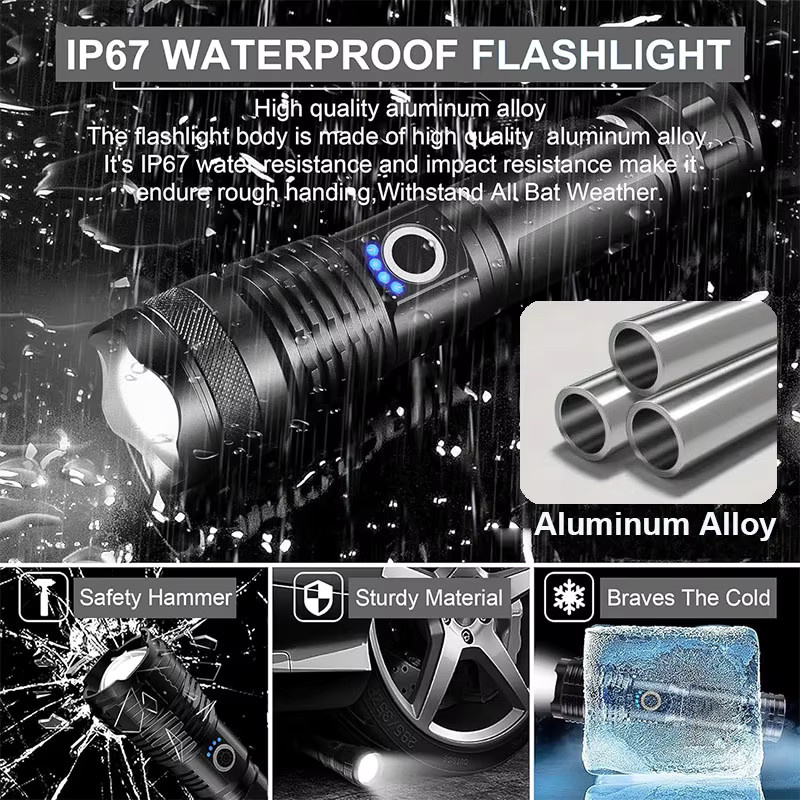 Mikenoon Hochleistungs-LED-Taschenlampe aus Aluminiumlegierung in Schwarz mit USB-Ladefunktion und zoombarem Blitzlicht - Bild 4