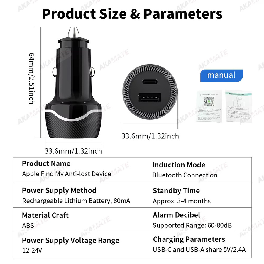 AKAMATE Auto-Ladegerät mit USB-C und GPS-Ortungsgerät für Apple Find My App in Schwarz - Bild 6