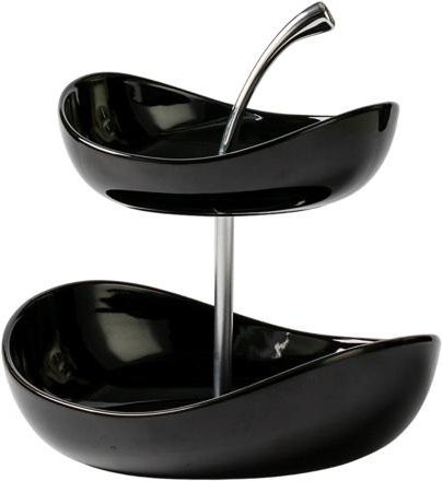 Doppelschichtige Keramik-Obstschale mit Metallständer in Schwarz, spülmaschinenfest - Bild 1
