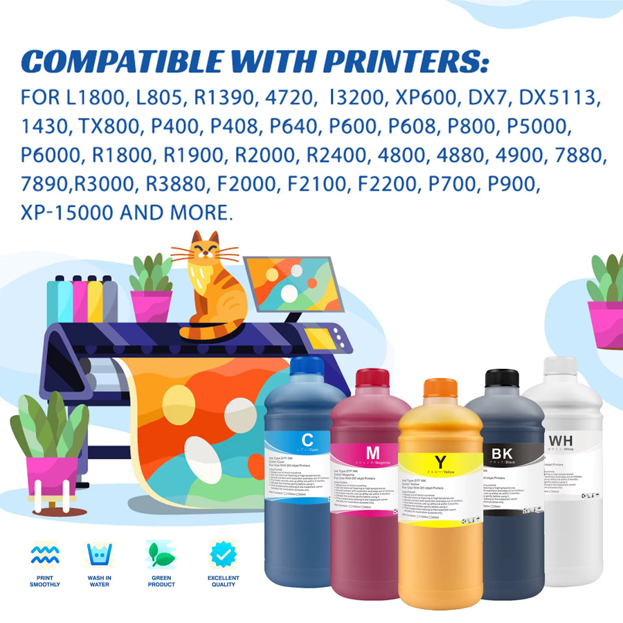 Xunink DTF-Transfer-Tinte Multicolor für PET-Folie, kompatibel mit P600, P800, DX5, XP600, TX800, 4720 und i3200 Druckköpfen, 1000 ml - Bild 2