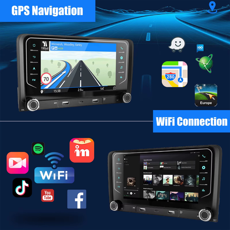 ESSGOO Android 15 Autoradio mit 7 Zoll Display für Audi A3 8P 8P1 3-Türer und S3 8P/RS3 Sportback, 4+64 GB, Wireless CarPlay, Android Auto, GPS, WiFi, Bluetooth, USB, Lenkradsteuerung, Schwarz - Bild 3