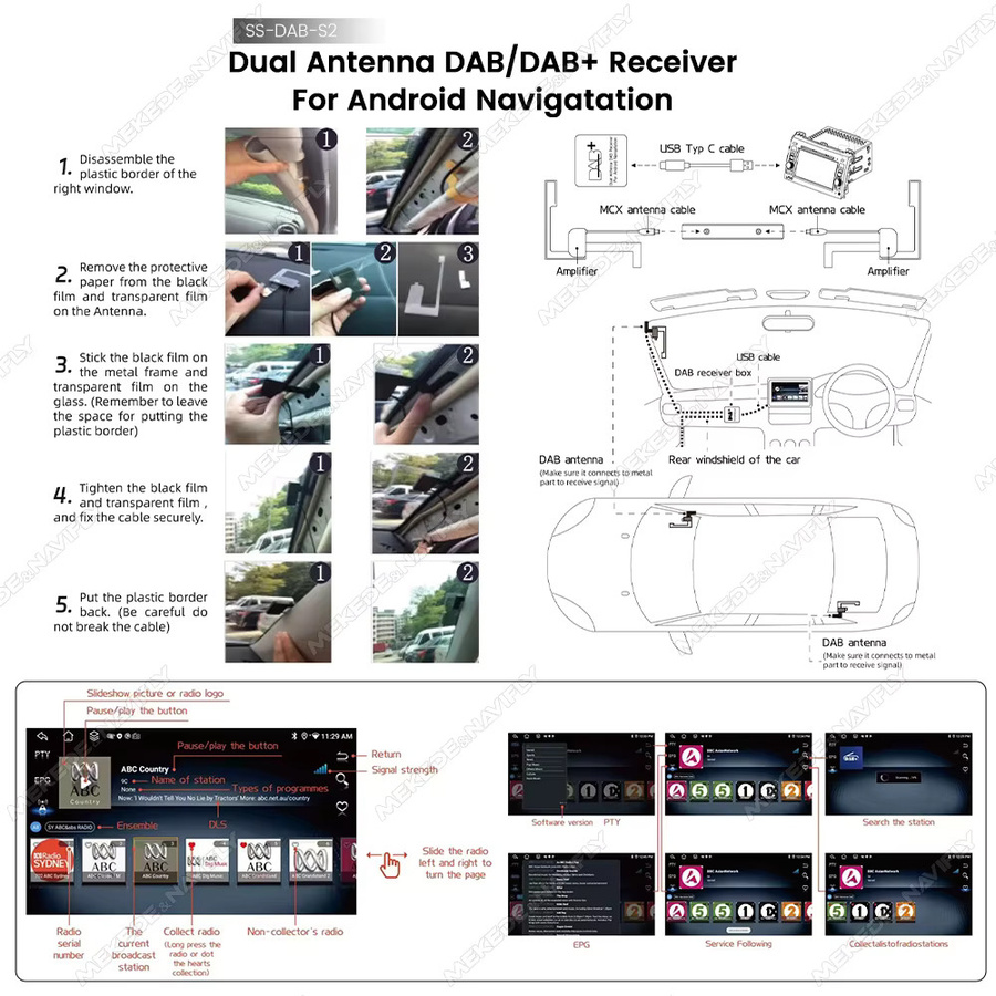 MEKEDE Dual DAB+ Antennen Adapter mit Typ-C und MCX Schnittstelle für Android Autoradio und Navi, Schwarz - Bild 4