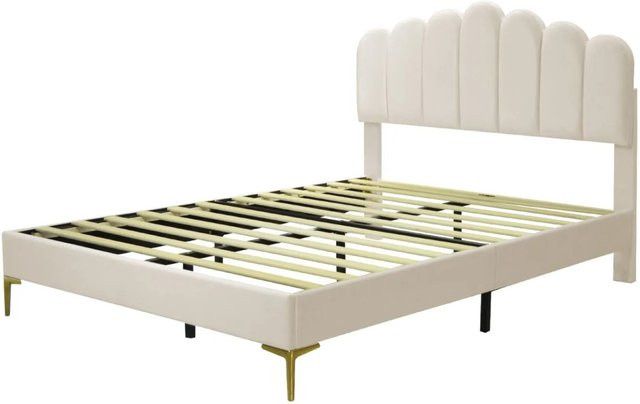 PXloue Jugendbett mit Kopfteil und Lattenrost aus Samt in Beige, B/T/H: 140,5 x 203,0 x 114,0 cm - Bild 1