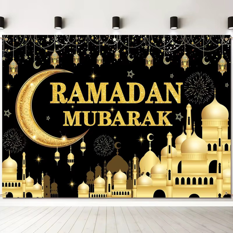 VIKAMA Ramadan Mubarak Banner Wandteppich mit Moschee-Design in Gold als islamischer Wandbehang für Innen- und Außendekoration - Bild 3