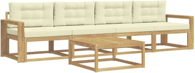 vidaXL Outdoor-Sofagarnitur in L-Form aus Akazienholz mit Kissen und Couchtisch, Weiß und Beige - Bild 1