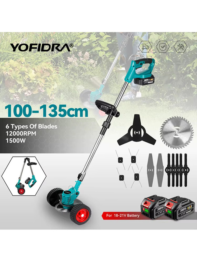Yofidra Elektrischer Rasenmäher und Trimmer mit 1500W, Teleskopstiel, kompatibel mit Makita LXT Akku, Multicolor, Breite: 100-135 cm - Bild 5