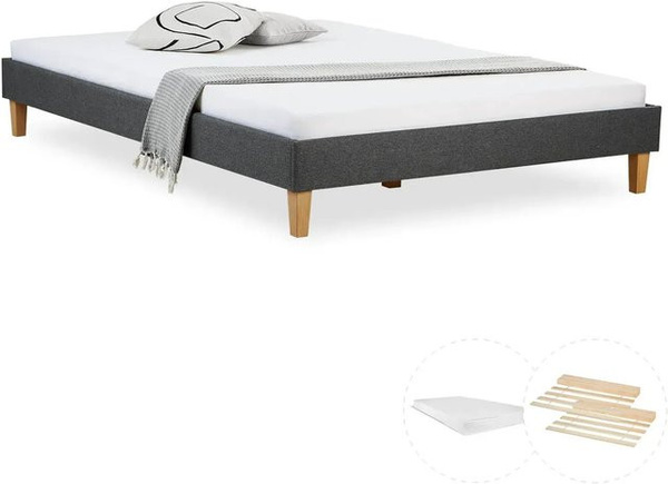 Homestyle4u Polsterbett mit Matratze in Grau, Futonbett aus Kiefernholz und Polyester mit PU-Komfortschaumstoff, B/T/H: 144 x 203 x 29,5 cm