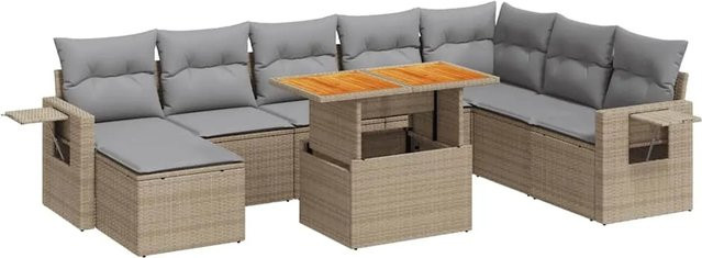 vidaXL 9-tlg. Garten-Sofagarnitur in L-Form aus Poly-Rattan und Akazienholz mit Kissen, Beige-Grau - Bild 1