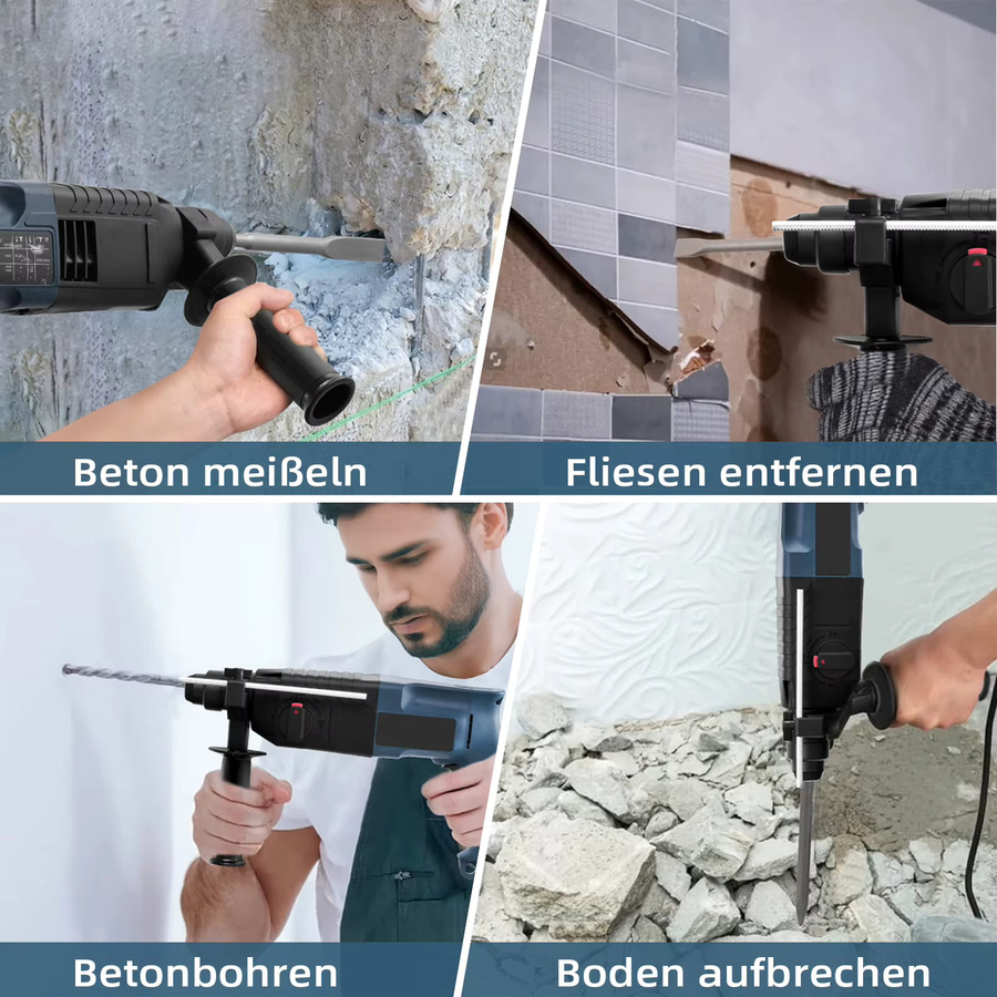 Elektrischer Bohrhammer mit 3000W und 4 Funktionen, SDS Plus Abbruchhammer in Blau inklusive Meißeln, Bohrer und Tragetasche - Bild 6
