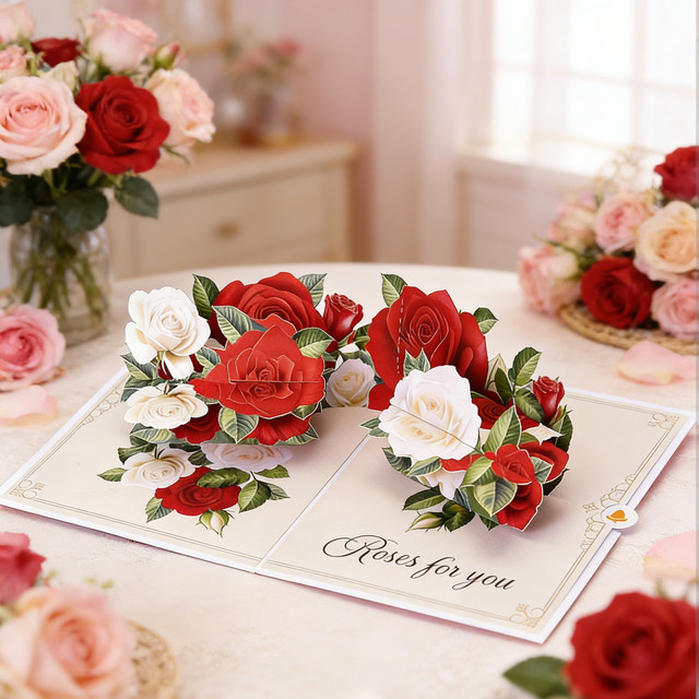 Opjoys 3D-Pop-Up-Karte mit roten und weißen Rosen aus Papier für Geburtstage und Jubiläen - Bild 1