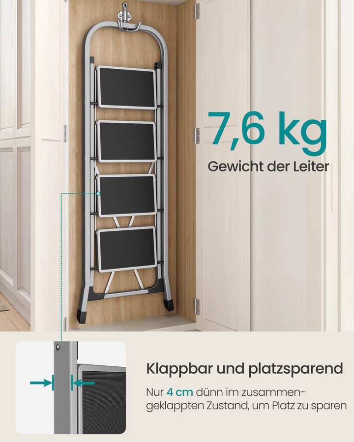 SONGMICS Trittleiter mit 4 Stufen in Grau, Klapptritt mit Klappsicherung, bis 150 kg belastbar - Bild 3