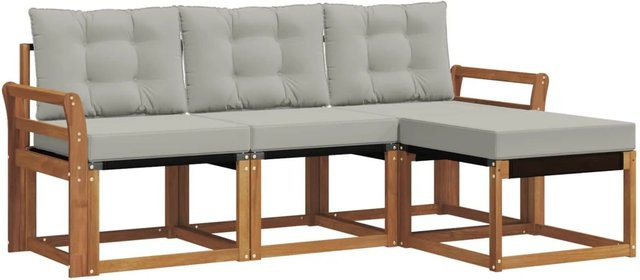 vidaXL Outdoor-Sofagarnitur 4-teilig aus Akazienholz und Textilene in Grau mit Kissen und Hocker im L-Shape Design - Bild 1